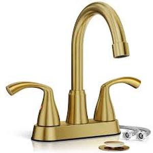 lot 54 image: Phiestina Brushed Gold double handles Bathroom Sink Faucet, 4 in. Centerset 2 or 3 Holes Vanity Faucet with 360 Swivel Spout Customer Returns See Pictures