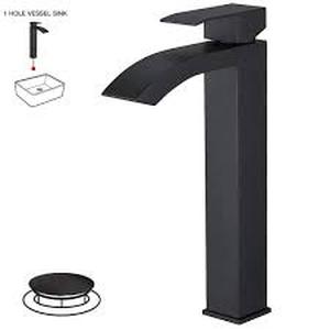 lot 57 image: BWE Single Hole Single Handle Bathroom Vessel Sink Faucet With Pop Up Drain Without Overflow in Matte Black   Customer Returns See Pictures