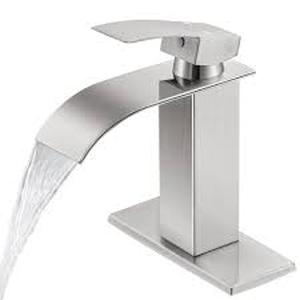 lot 58 image: AKLFGN Waterfall Single Handle Single Hole Low-Arc Bathroom Faucet Bathroom Drip-Free Vanity Sink Faucet in Brushed Nickel Customer Returns See Pictures