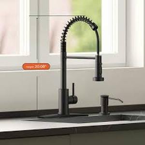 lot 59 image: androme Single Handle Spring Gooseneck Pull Down Sprayer Kitchen Faucet with Soap Dispenser 360° Swivel Spout in Matte Black  Customer Returns See Pictures