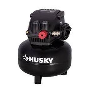 lot 63 image: Husky 3 Gal. 120 PSI Portable Electric Oil-Free Light Duty Pancake Air Compressor with Fold Down Handle and 1-Quick Coupler Customer Returns See Pictures