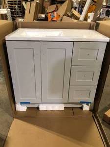 lot 8 image: Glacier Bay Bannister 37 in. Single Sink Pearl Gray Bath Vanity with Granite-Look Colorpoint White Cultured Marble Top (Assembled) Granite Top Broken   Customer Returns See Pictures