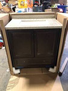 lot 42 image: Glacier Bay Delridge 31 in. Single Sink Chocolate Bath Vanity with Caramel Cultured Marble Top (Assembled) Granite Top Broken  Customer Returns See Pictures