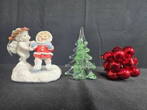 lot 14 image: Christmas Decor Collection with Dreamsicles Cherub Figurine, Glass Tree, and Bell Ornament