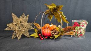 lot 20 image: Fall and Holiday Decor Collection with Pumpkin Centerpiece, Wire Star, and Mickey Ornament