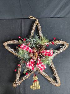 lot 23 image: Star-Shaped Holiday Wreath with Pinecones, Ribbon, and Brass Bear Ornament