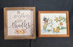 lot 24 image: Holiday Wall Decor Lot Framed Give Thanks Print, Winter Cross-Stitch, and Berry Wreaths