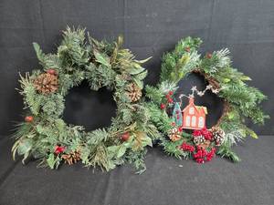 lot 25 image: Holiday Wreaths with Pinecones, Berries, and Decorative House