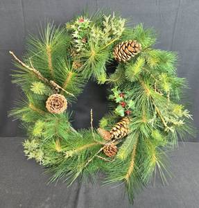 lot 31 image: Artificial Pine Wreath with Pinecones and Holly Accents