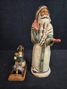 lot 35 image: Set of 3 Handcrafted Christmas Figurines - Santa, Angel, Williraye Studio Snowman Sleigh
