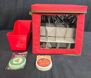 lot 40 image: Christmas Holiday Decor Lot with Storage Box, Sleigh Organizer and Coasters