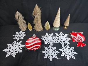 lot 44 image: Assorted Holiday Decor Trees, Snowflake Ornaments, and Candy Signs