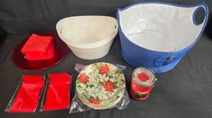 lot 51 image: Holiday Party Supplies Collection with Serving Buckets, Utensils, Plates, and Candle