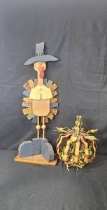 lot 58 image: Wooden Porch Turkey Figure and Metal Pumpkin Fall Decor Set