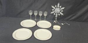 lot 62 image: Set of 4 Glass Wine Goblets, 4 Dinner Plates, and Holiday Snowflake Tree Topper & Soap Dish