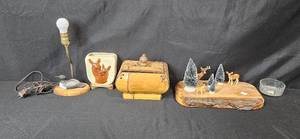 lot 63 image: Rustic Wildlife Decor Collection with Lamp, Trinket Box, Vase, Glass Bowl and Forest Scene