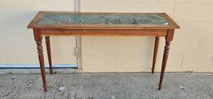 lot 70 image: Wood Console Table with Green Marble Top and Turned Legs 53x18x29 in