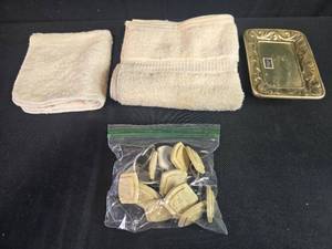 lot 74 image: Bathroom Accessory Set with Towels, Soap Dish, Tumbler, Candle Holder, and Curtain Hooks