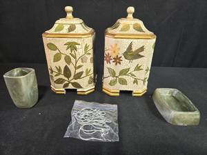 lot 75 image: Decorative Set with 2 Floral Canisters, Green Plastic Bathroom Accessories, and S-Hooks
