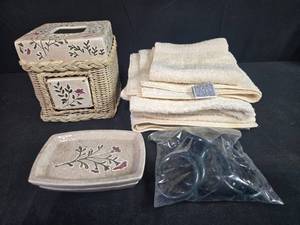 lot 78 image: JCPenney Home Collection Bath Set with Faux Rattan Tissue Box Cover, Soap Dish, Towels and Shower Curtain Rings