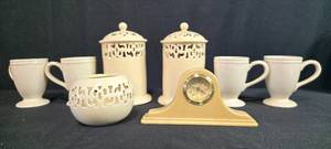 lot 80 image: Ceramic Kitchenware Set with Mugs, Canisters, Tealight Holder and Desk Clock