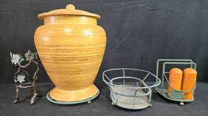 lot 82 image: Kitchenware Collection with Wooden Lidded Jar, Metal Holder, Basket, and Salt and Pepper Shakers