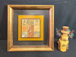 lot 83 image: Framed 15x15 Decorative Wall Art and Carved Snowman Figurine