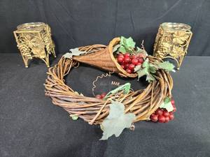 lot 84 image: Grapevine Wreath with Faux Berries and Set of 2 Grape Motif Candle Holders