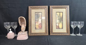 lot 85 image: Home Decor Set with 2 Framed Art Prints, Shell Sculpture, Soap Dispenser, Tray, and 4 Glasses