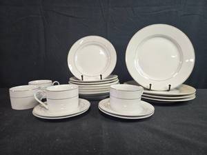 lot 86 image: Gibson Housewares White China Dinnerware Set with Silver Trim - display not inc