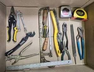 lot 95 image: Collection of Hand Tools including Wrenches, Pliers, Tape Measures, and Saws