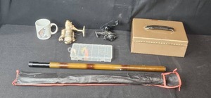 lot 112 image: Fishing Gear Set with Rod, 2 Reels, Tackle Box, Lures and Fish Mug