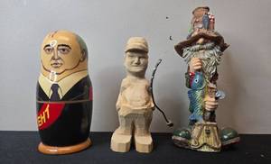 lot 121 image: Russian Matryoshka Nesting Doll, Hand Carved Man in Cap, Hillbilly Gone Fishing Figurine by Sullivan