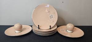 lot 123 image: Flintridge China Pink Rose Pattern Bread 6.5 Plates and Salt & Pepper Set - display not inc
