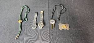 lot 137 image: Collection of 2 Mens Watches, 3 Bolo Ties, and Horse Buckle