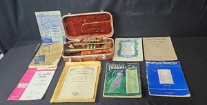 lot 142 image: GEIB Trumpet and Cornet Sheet Music Collection with Case and Brass Instrument