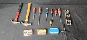lot 144 image: Hand Tool Collection with Hammers, Screwdrivers, Level and Hardware