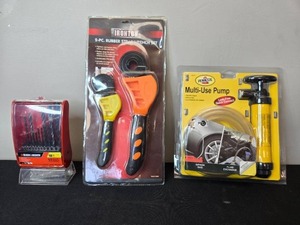 lot 151 image: Multi-Use Pump, 2-Piece Strap Wrench Set, and 18-Piece Drill Bit Set Group
