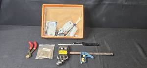lot 155 image: Box of Hand Tools Including Stanley Wrench Set, Pliers, Drill Bits, and Hardware