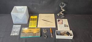 lot 156 image: Violin Maker Tool Collection with Screwdrivers, Files, Clamps, Magnifier, and Notebook