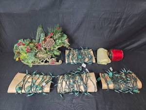 lot 164 image: Holiday Decor Lot with Artificial Sleigh Centerpiece, Christmas String Lights, and Ribbon Rolls