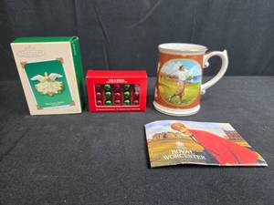 lot 179 image: Holiday Collectibles Lot Royal Worcester Golf Mug, Hallmark Angel Topper & Mini Ornaments