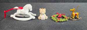 lot 180 image: Set of 4 Christmas Ornaments - Rocking Horse, Bear, Wreath, and Dog