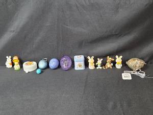 lot 186 image: Easter Decor Collection with Bunny and Chick Figurines, Decorative Eggs, and Tins