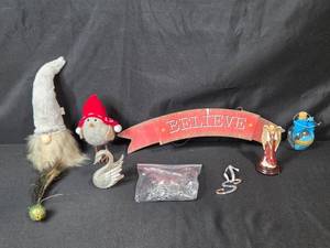 lot 187 image: Collection of Holiday Ornaments and Decorations with BELIEVE Sign