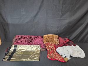 lot 189 image: Holiday Decor Set with Tree Skirt, Stocking, Metallic Runner, and Faux Snow
