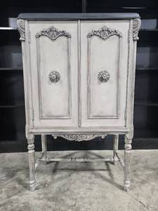 lot 196 image: Vintage Ornate Wooden Cabinet with Red Interior