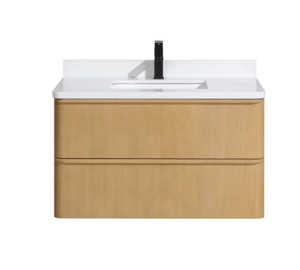 Ari Kitchen and BathLucas 36 in. W x 21 in. D x 22 in. H Single Floating Bath Vanity in Oak w/ Engineered Quartz Top in White w/ White Basin