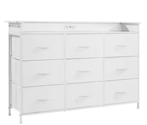 lot 37 image: VEVOR9 Drawer Dresser, Tall Drawer Dresser with Fabric Bin, Closet Storage Drawers with Metal Frame White