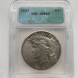 lot 26 image: 1927 Peace Silver Dollar  ICG MS62